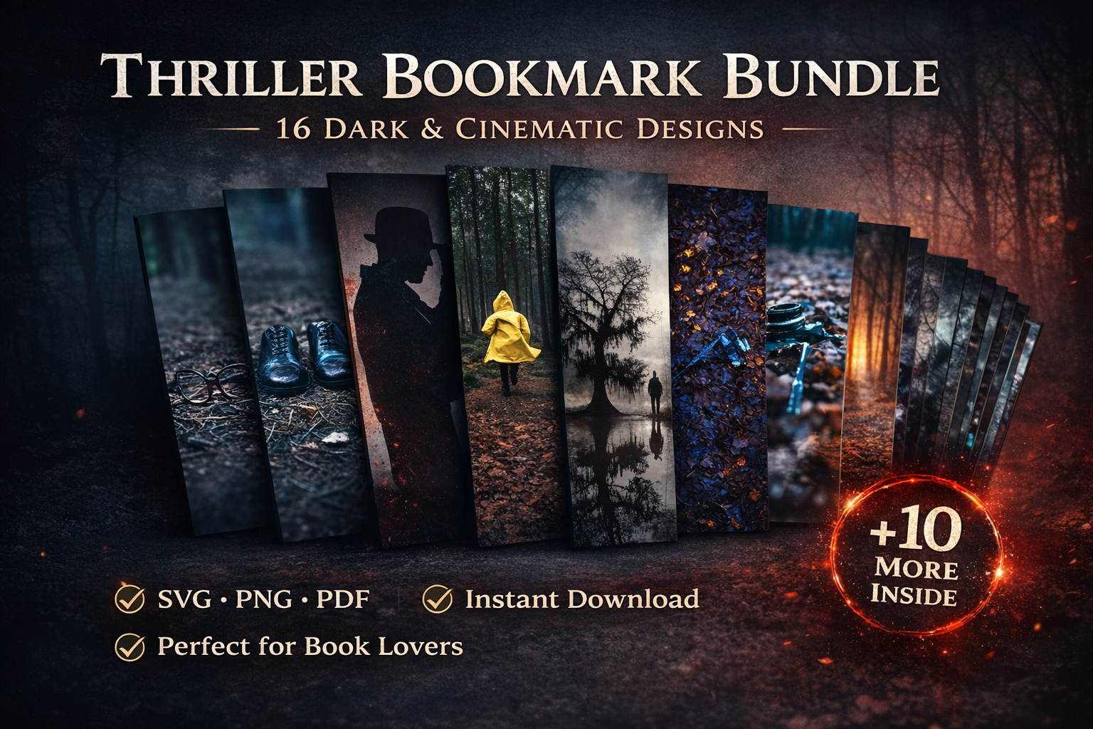 Thriller & Horror Bookmark Bundle – Crime & Mystery Digital Printable Bookmarks | Instant Download